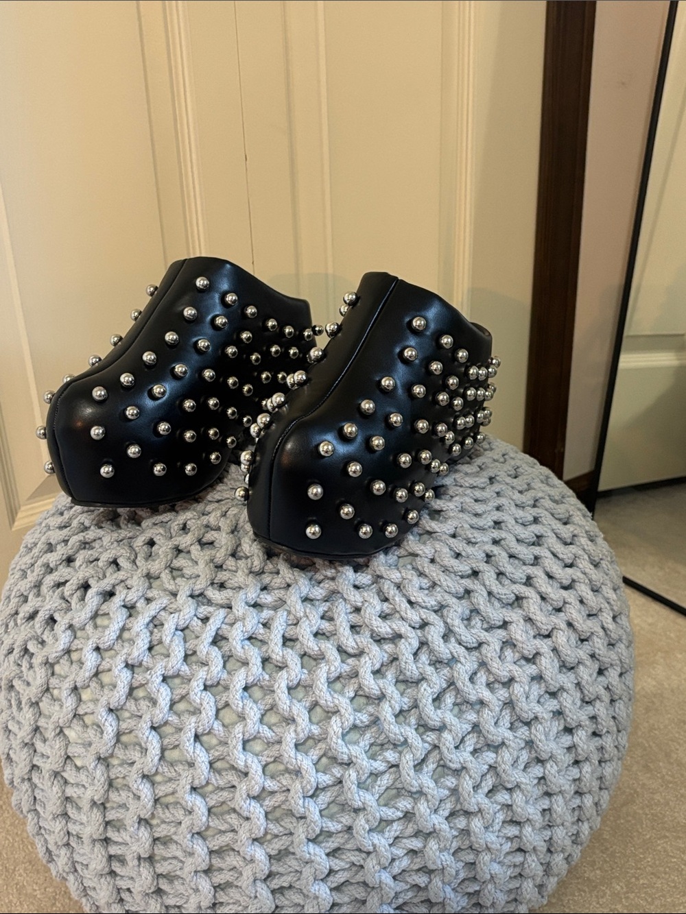 AKIRA Black Studded Platform Mules